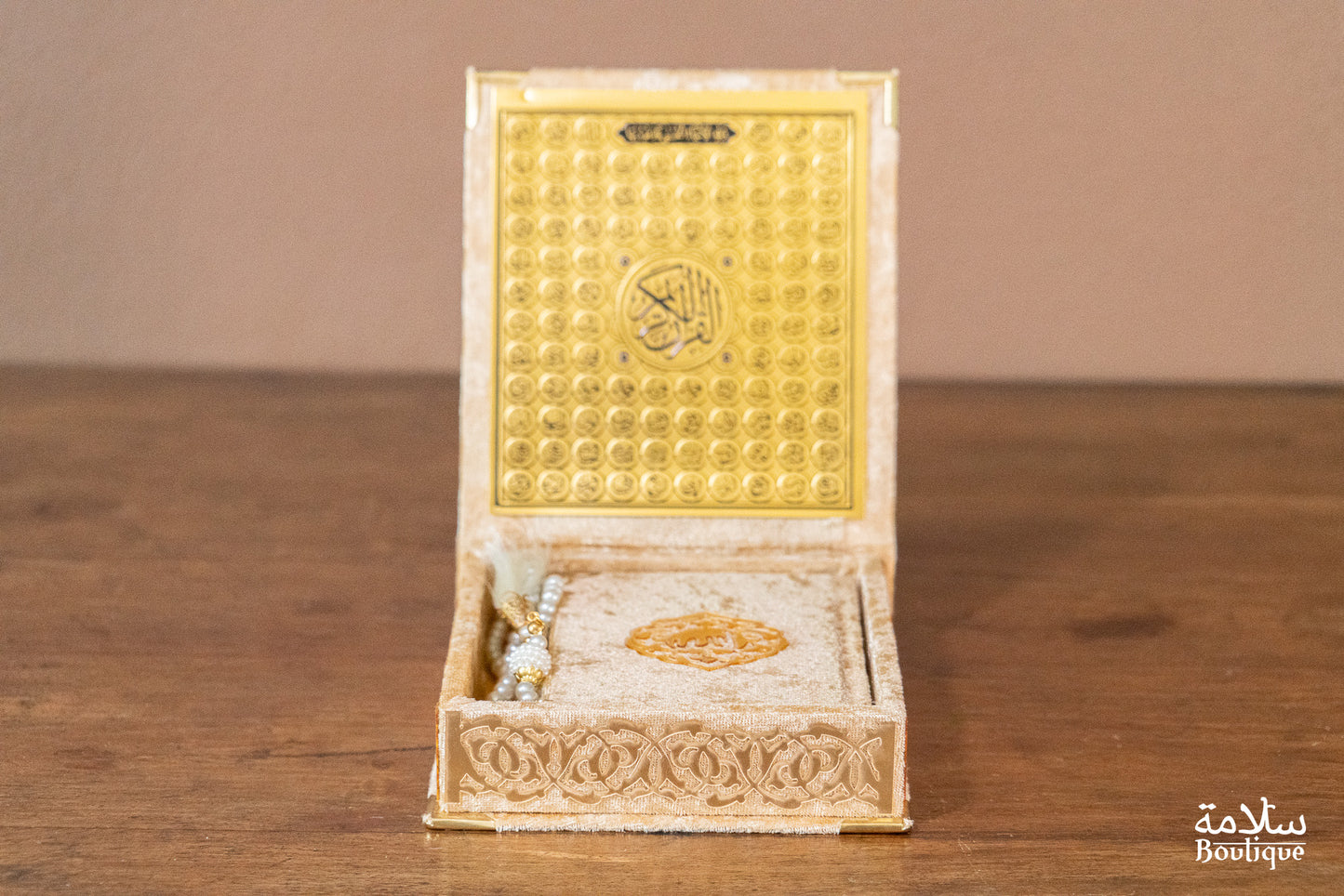 PETIT COFFRET CORAN ET CHAPELET DOREE