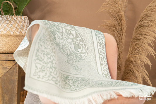 TAPIS PRIERE BLANC VERT OLIVE METALLISE